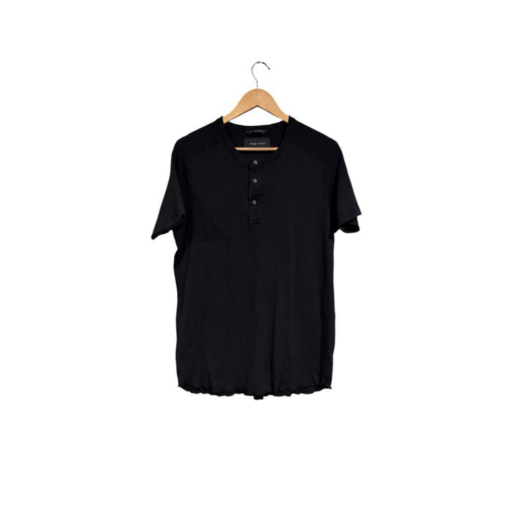 Wings + Horns Henley T Shirt Black Made in Canada Minimalist Raw Hem XL